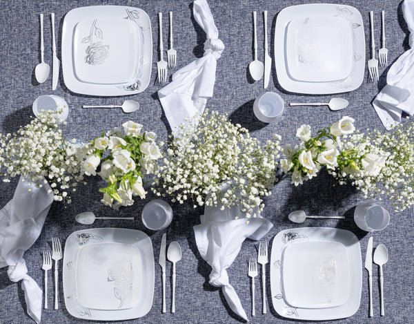 Peony 7.25" White & Silver Square Disposable Plastic Dessert Plate 32Pc Set