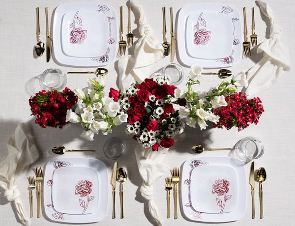 10.5"&7.25" White and Burgundy Square Disposable Plastic Plates COMBO Set-Peony 32Pc Set