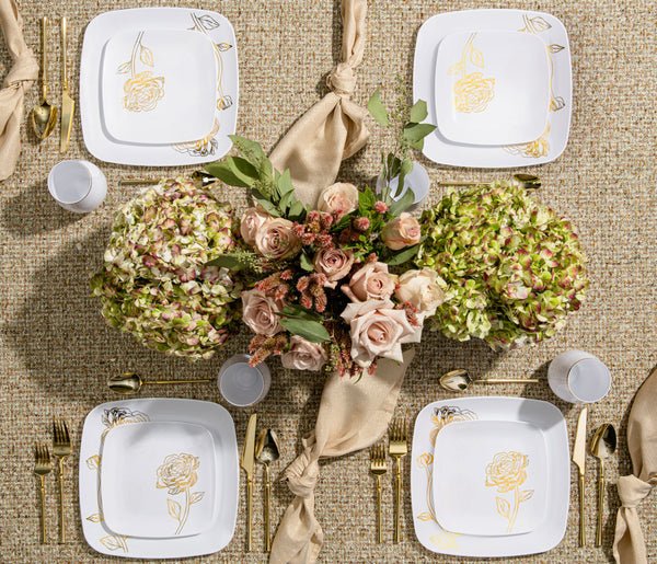 Peony 10.25" White & Gold Square Disposable Plastic Dinner Plate 10 Pack