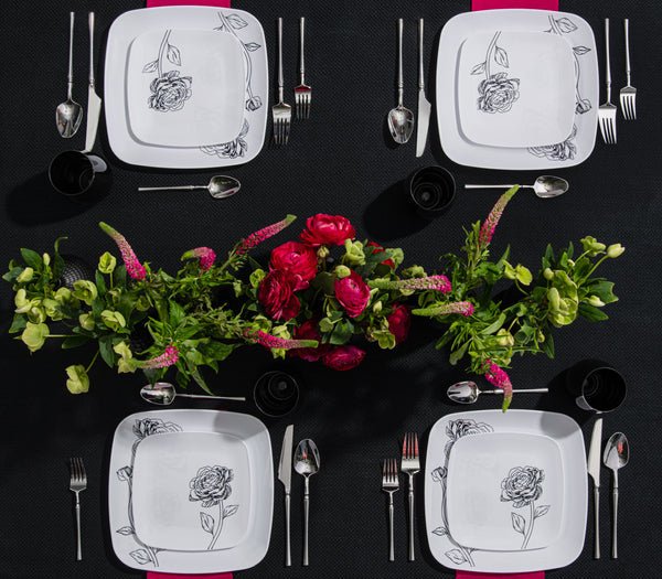 10.25"&7.25" White and Black Square Disposable Plastic Plates COMBO Set-Peony 32Pc Set