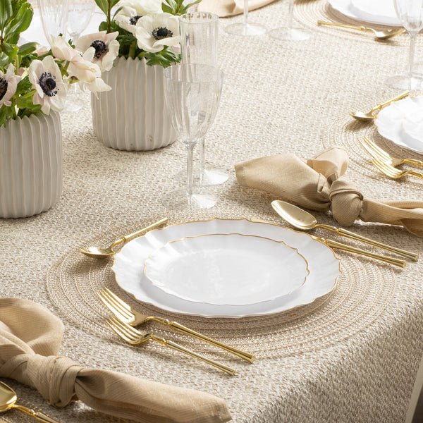 10.25"&7.5" White and Gold Round Disposable Plastic Plates COMBO Set-Luxe 32pc