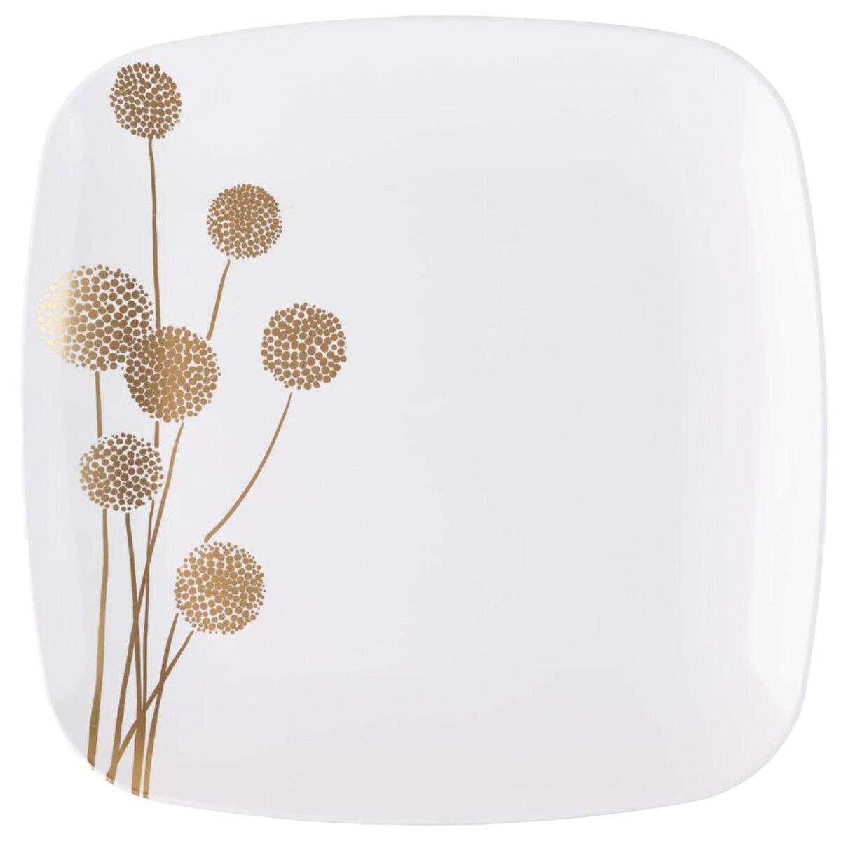 Dandelion 10" White & Gold Square Disposable Plastic Dinner Plate 10 Pack