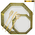 Heavyweight White Lace Gold Rim Plastic Dinnerware Set- Value Pack-Lacetagon Disposable Tableware Lillian Tablesettings 40 Guest Servings