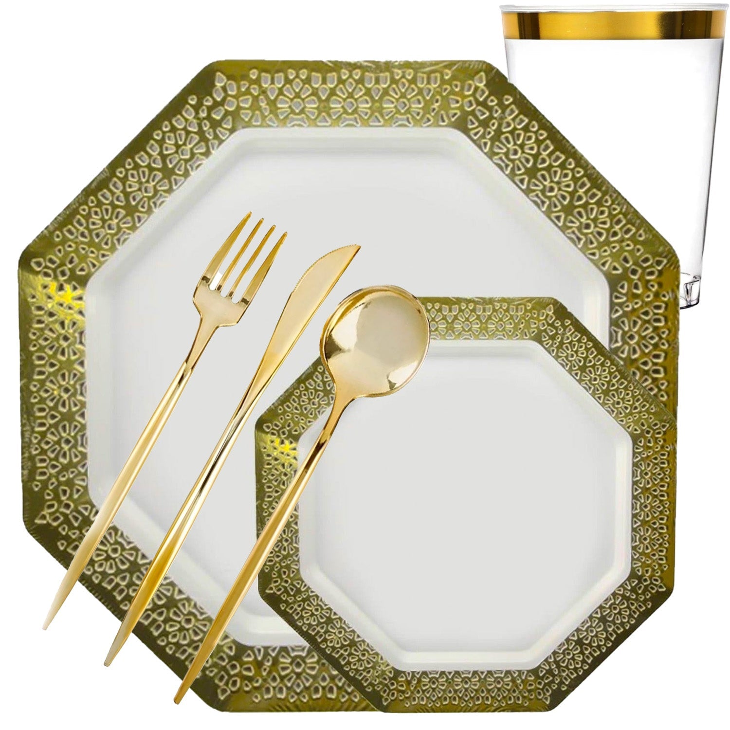 Heavyweight White Lace Gold Rim Plastic Dinnerware Set- Value Pack-Lacetagon Disposable Tableware Lillian Tablesettings 40 Guest Servings