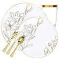 White & Gold Floral Plastic Dinnerware Set- Value Pack-Antique Disposable Tableware Blue Sky 20 Guest Servings