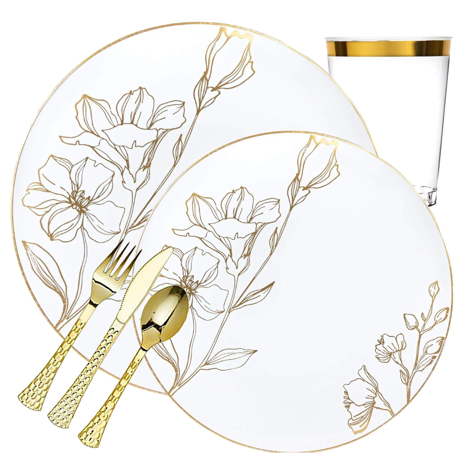 White & Gold Floral Plastic Dinnerware Set- Value Pack-Antique Disposable Tableware Blue Sky 20 Guest Servings